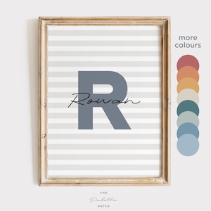 Arte de pared con nombre neutro personalizado para niño, imprimible, con inicial personalizada a rayas beige, póster con letras para guardería, regalo, descarga digital