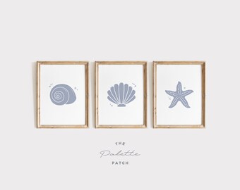 Puede incluir: Tres impresiones enmarcadas con una concha de mar azul claro, una concha de vieira azul claro y una estrella de mar azul claro sobre un fondo blanco. Los marcos son de madera marrón claro.