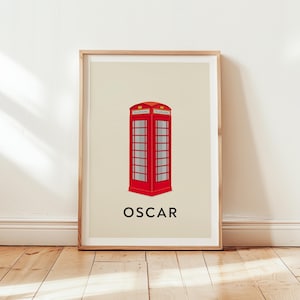 Decorazione murale stampabile con cabina telefonica rossa personalizzata, cabina telefonica britannica con nome personalizzato, decorazione per cameretta a tema Baby London (DOWNLOAD DIGITALE)