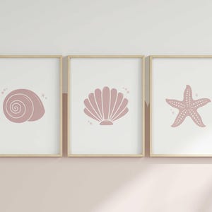 Juego de 3 impresiones de arte mural con conchas en rosa empolvado, para habitación infantil con conchas y estrellas de mar, dormitorio con temática oceánica neutra, estilo bohemio playero. DESCARGA DIGITAL.