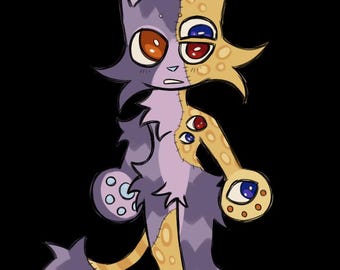 Puede incluir: Una ilustración digital de una criatura bicolor con un lado morado y un lado beige con manchas. El personaje presenta múltiples ojos de varios colores, incluyendo rojo y azul, situados en la cara, el torso y las extremidades. Tiene una cola.