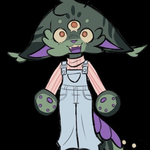 May include: A digital illustration of a three-eyed creature with dark green fur, large ears with purple inner lining, and a long tail. The creature wears a light pink striped long-sleeve shirt, light blue denim overalls, and dark shoes.