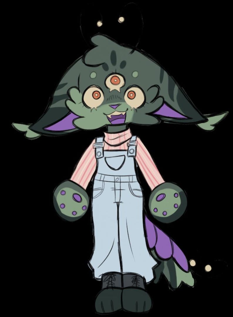 Puede incluir: Una ilustraci&oacute;n digital de una criatura de tres ojos con pelaje verde oscuro, orejas grandes con interior morado y una cola larga. La criatura viste una camisa de manga larga a rayas rosa claro, un overol de mezclilla azul claro y zapatos oscuros.