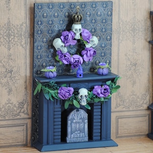 OOAK Miniature Haunted Dollhouse Fireplace skeleton Scene. 1:12 Gothic Miniature, Skeleton Halloween Decor, Creepy Spooky Furniture.