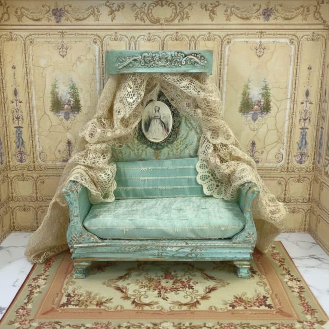 Miniature Dollhouse Bedroom Canopy Bed. Furniture of Style Louis XV. 1: ...