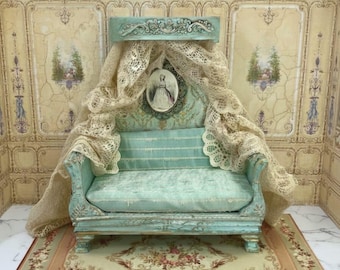 Miniature Dollhouse bedroom canopy bed. Furniture of style Louis XV. 1:12 furniture for doll's House decoration French Baroque rococo