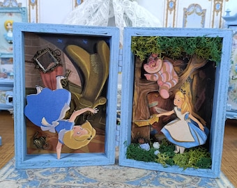 Alice in Won derland Miniature Diorama Trunk. 1:12 Scale Handmade Shadow Box. Fantasy Dollhouse Decor.  Collectible Storybook Scene