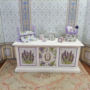 Dollhouse Lavender french counter. Dollhouse lavendershabby chic counter. 1:12 Luggage dolls. Miniature perfumery bath