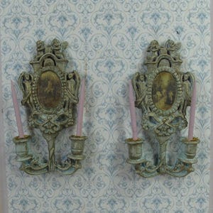 1:12 Shabby romantic wall chandelier. French style baroque decoration for dollhouse miniature collectors. Dollhouse white  rococo-rocaille.