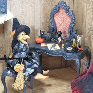 OOAK Miniature Haunted dollhouse dressing table and chair with witch. Dollhouse  gothic 1:12 scale furniture, Halloween dollhouse miniatures