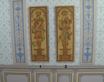 Painel de brocante romântico antigo para casa de bonecas. Painel de parede barroco em miniatura para casa de bonecas 1:12. Casa de bonecas rococó. Decoração de parede para casa de bonecas em estilo francês.