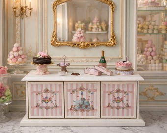 Mostrador de pastelería en miniatura para casa de muñecas, tienda de exhibición en miniatura, sala de pastelería francesa, mostrador rosa francés, decoración de tienda, mostrador de tienda 1,12.