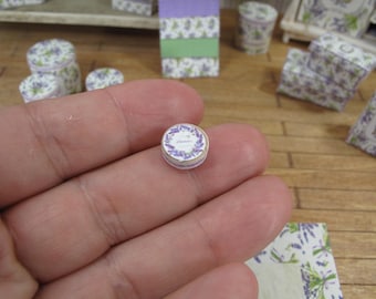 NEW**Dollhouse Lavender french round cream box perfum. 1:12 bottle lavender. Miniature perfumery bath complements for dollhouses & shops.
