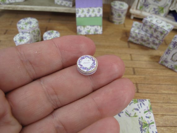 NEW**Dollhouse Lavender french round cream box perfum. 1:12 bottle lavender. Miniature perfumery bath complements for dollhouses & shops.