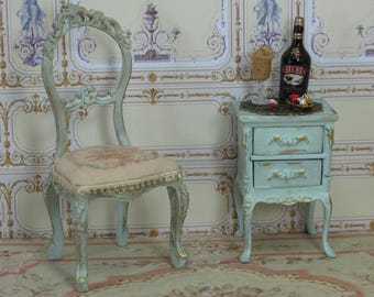 Miniature Dollhouse Chair with abusson upholstery, Louis XV table and tray decorated with liquor baileys glass and sweets. French furniture.