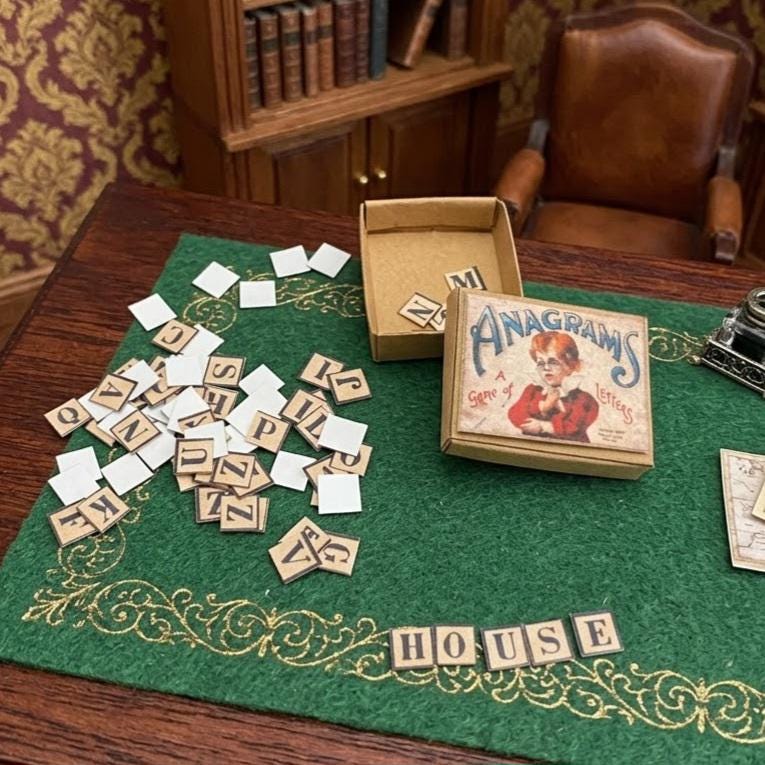 Game Board of cards Anagrams. Dollhouse Miniature child table game. 1:12 Miniature Vintage games and toys for dollhouse collectors.