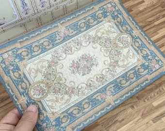 LOW COST miniature Abusson rug. Miniature 1:12 French Aubusson rug. Elegant dollhouse rug in various sizes. Blue Shabby chic carpet. Rococo.
