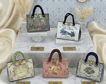 Dollhouse Miniature different styles of Handmade Aubusson Travel Bag 1:12 Scale Victorian Miniature Lady Bag, Dollhouse Luggage Accessory.