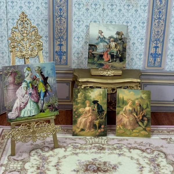 Miniatura per casa delle bambole raffigurante un uomo e una donna in stile rococò, in scala 1:12. Decorazione da parete per collezionisti di case delle bambole. Miniature vintage e shabby chic.