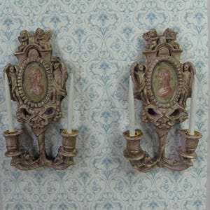 1:12 Shabby romantic wall chandelier. French style baroque decoration for dollhouse miniature collectors. Dollhouse white  rococo-rocaille.