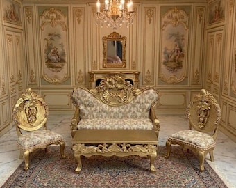 Dollhouse Sofa, Table & 2 armchair. Furniture of style  Louis XV. 1:12. Rococo furniture dollhouse miniature. Gold French baroque furniture.