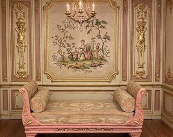 Miniature Dollhouse bedroom canopy bed. Furniture of style Louis XV. 1:12 furniture for doll's House decoration French Baroque rococo