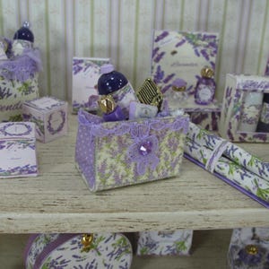 NEW**Dollhouse Lavender french beauty bag. Dollhouse lavender filled toilet bag. 1:12 Luggage dolls. Miniature perfumery bath complements.