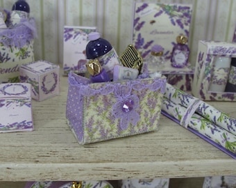 NEW**Dollhouse Lavender french beauty bag. Dollhouse lavender filled toilet bag. 1:12 Luggage dolls. Miniature perfumery bath complements.