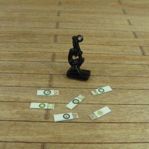 May include: A miniature black microscope with several small rectangular slides with circular details. The items are arranged on a wooden surface, suggesting a science or educational theme. The microscope is the focal point.