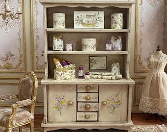 Dollhouse perfumery cabinet .Dollhouse Miniature Filled wild herbs cabinet. Display stand inspired Toiletries french. Miniature bath.