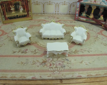 Scale 1,48 Victorian living room set 4 pcs Sofa, 2 chairs & table Gold white  1/4 1:48 48th 1/48 Quarter Scale  Furniture for Dollhouse