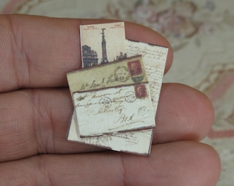 Vintage Letter Set and Mail Seal, in 1:12 scale Dollhouse Miniature Ephemera, Antique Desk Documents, Brocante Apothecary Decoration.