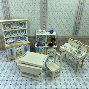 Miniature Dollhouse Kitchen Furniture. White and Blue Floral Design Hand painted Shabby Chic Style. 1:12 furniture for dollHouse decoration.