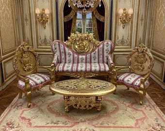 Dollhouse Sofa, Table & 2 armchair. Furniture of style  Louis XV. 1:12. Rococo furniture dollhouse miniature. Gold French baroque furniture.