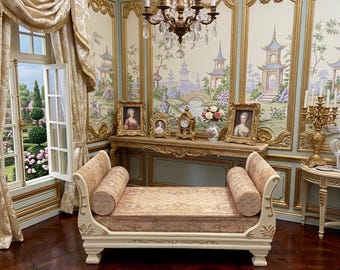 Miniature Dollhouse bedroom canopy bed. Furniture of style Louis XV. 1:12 furniture for doll's House decoration French Baroque rococo