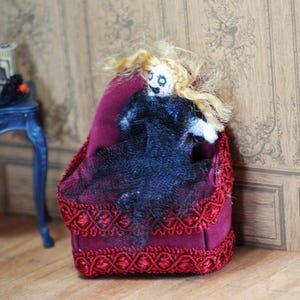 OOAK Miniature Haunted dollhouse diabolical girl in an armchair. Dollhouse gothic 1:12 scale furniture, Halloween dollhouse miniature