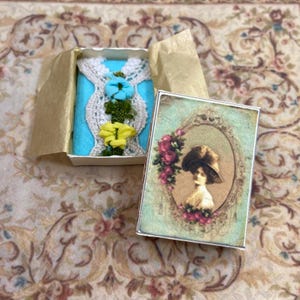 Dollhouse Miniature lady victorian blouse in its box. 1:12 Dollhouse Miniature home & doll complements items for dollhouse collectors.