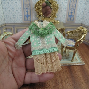 Dollhouse Clothing Dolls. Ladies Edwardian Dress on Hanger. 1:12 miniature doll clothes. Miniatures Victorian girl dress Wardrobes.