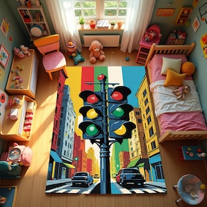 Alfombra con semáforo, pista de carreras, alfombra de coche de carreras, alfombras para habitación infantil, alfombra para habitación infantil, alfombra con mapa de carreras, alfombra de tráfico, antideslizante