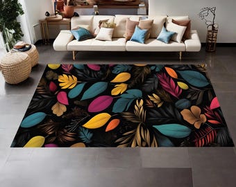 Leaves Rug, Colorful Leaves Rug, Abstract Rug, Rugs For Living Room, Botanical Rug, Colorful Carpet, Home Decor Rug, Garden Rug, Non Slip