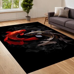 Fish Ying Yang Rug, Japanese Rug, Black Based Multicolor Ying Yang Themed Rug, Ying Yang Rug, Area Rug, Living Room Rug,Bedroom Rug,Non Slip
