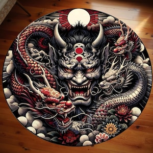 Japanese Life Dragon Round Rug, Fantasy Inspired Area Round Rug, Abstract Rug, Japanese Round Rug, Rugs For Living Room, Round Rug, Non Slip