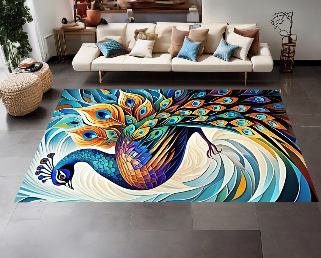 Peacock Rug, Colorful Animal Rug, Peacock Patterned Rug, Animal Rug ...