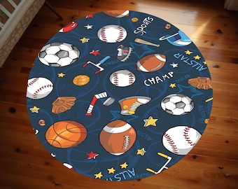 Round Sports Rug, Round Rug, Sport Balls Rug, Baseball Rug, Football Rug, Basketball Rug, Balls Rug, Rugs For Kids Room, Soccer Rug,Non Slip