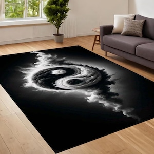 Ying Yang Rug, Japanese Rug, Black Based Multicolor Ying Yang Themed Rug, Ying Yang Rug, Area Rug, Living Room Rug,Bedroom Rug,Non Slip