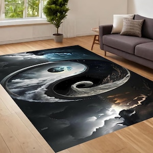 Ying Yang Rug, Japanese Rug, Black Based Multicolor Ying Yang Themed Rug, Ying Yang Rug, Area Rug, Living Room Rug,Bedroom Rug,Non Slip