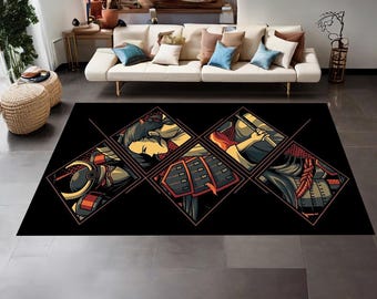 Samurai Rug, Japanese Themed Rug, Japanese Samurai Rug, Japanese Warrior Rug, Home Decor, Japanese Decor Rug, Non Slip