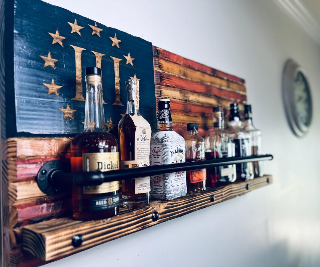 Rustic American Flag Bourbon Shelf: Handcrafted Whiskey Rack - Etsy