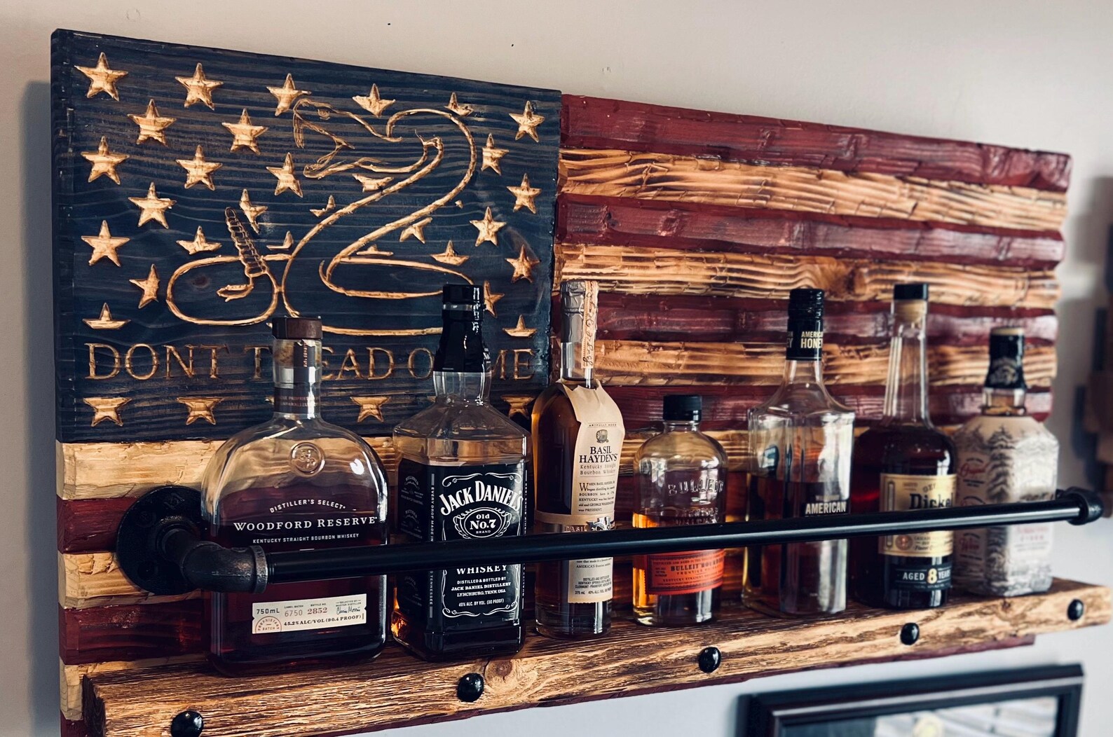 Rustic American Flag Bourbon Shelf: Handcrafted Whiskey Rack - Etsy