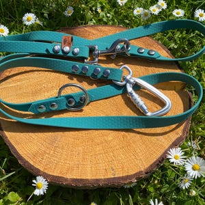 Op de afbeelding: Een talingkleurige hondenriem met een gestructureerd honingraatpatroon, zilverkleurige metalen hardware, een stevige karabijnhaak en een klein bruin label in lederlook. De riem is gemaakt van duurzame banden vastgezet met zilveren klinknagels.
